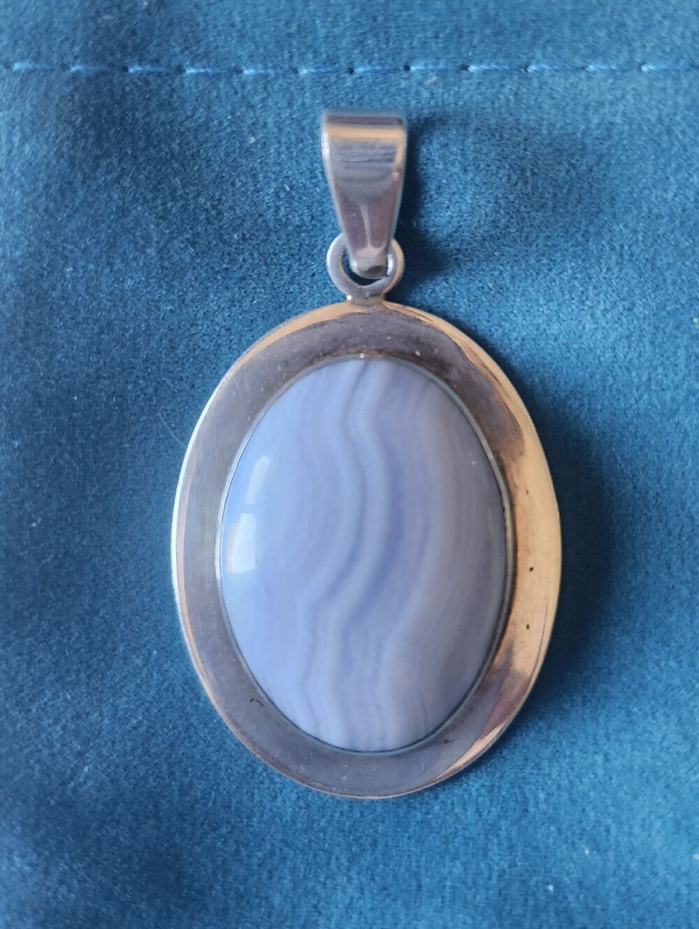Vintage Taxco Mexico 925 Silver Oval Blue Lace Agate Pendant -Gorgeous Condition
